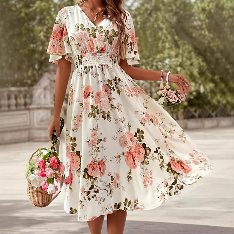 2025 European and American Cross-Border Amazon Summer Plus Size Fashion Women's Floral Waist Dress Independent Station Temu