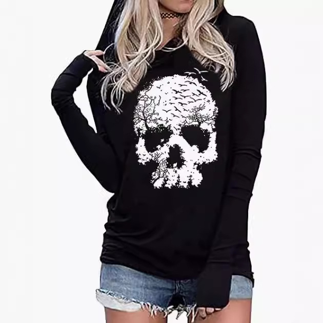 Skull Print Hooded Sweatshirt Women's Top Jacket Casual European Plus Size_voghion.com