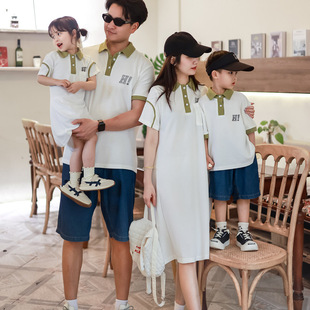 Parin-child Summer Short-sleeved Polo Shirt dress Contrast Color Design Korean Style Foreign Style Mother and Son Mother and Daughter Family Decoration