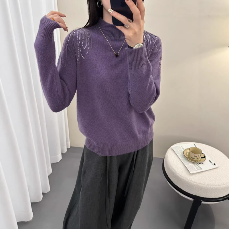 Half-High Collar Shoulder Sequin Pullover Knit Sweater, New Autumn and Winter Style, Loose Fit, Versatile Base Layer Sweater for Women