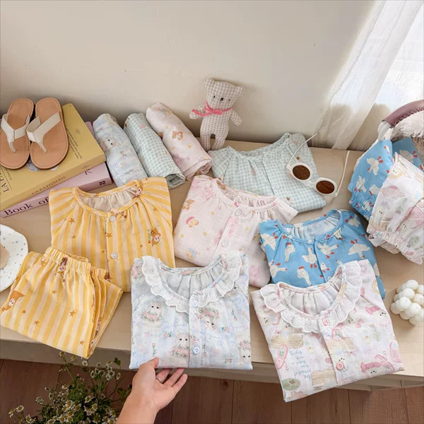 Summer Children's Cotton Gauze Home Clothes Set, Cute Printed Boys' Pajamas, Loose Breathable Long-Sleeved Long Pants Air-Conditioned Clothing