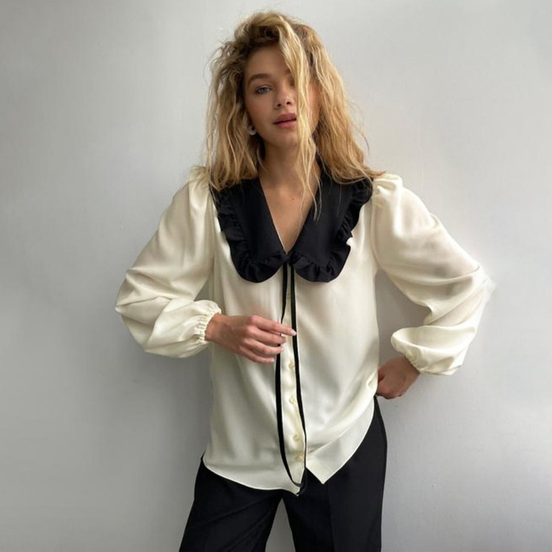 Cross-Border Color-Blocked Doll Collar Shirt, European and American Style, 2026 Spring/Summer New Color-Blocked Satin Lantern Sleeve French-Style Elegant Top
