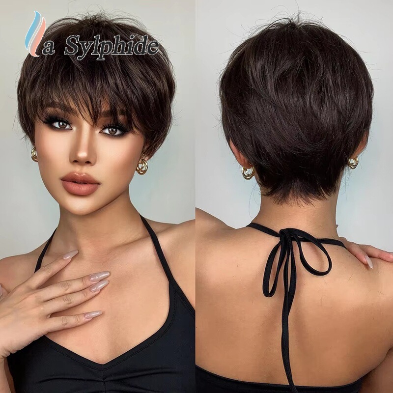 Pixie Wig for Daily Use, Straight Hair, Rose Net Mechanism, Short Hair, Heat-Resistant, Full Head Cover, Brown Pixie Wig for Daily Use, Straight Hair, Rose Net Mechanism, Short Hair, Heat-Resistant, Full Head Cover, Brown
