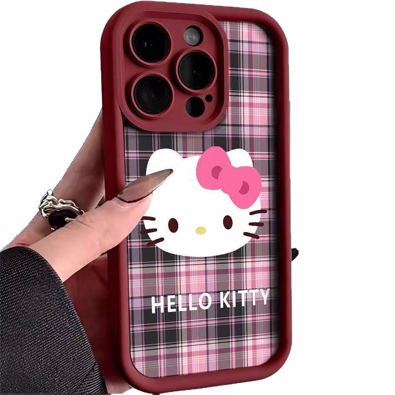 Funda para iPhone 17/15 Pro Max con Diseño de Gato KT a Cuadros, Compatible con iPhone 14, 13, 11, XS/XR/16, Estilo Japonés y Coreano