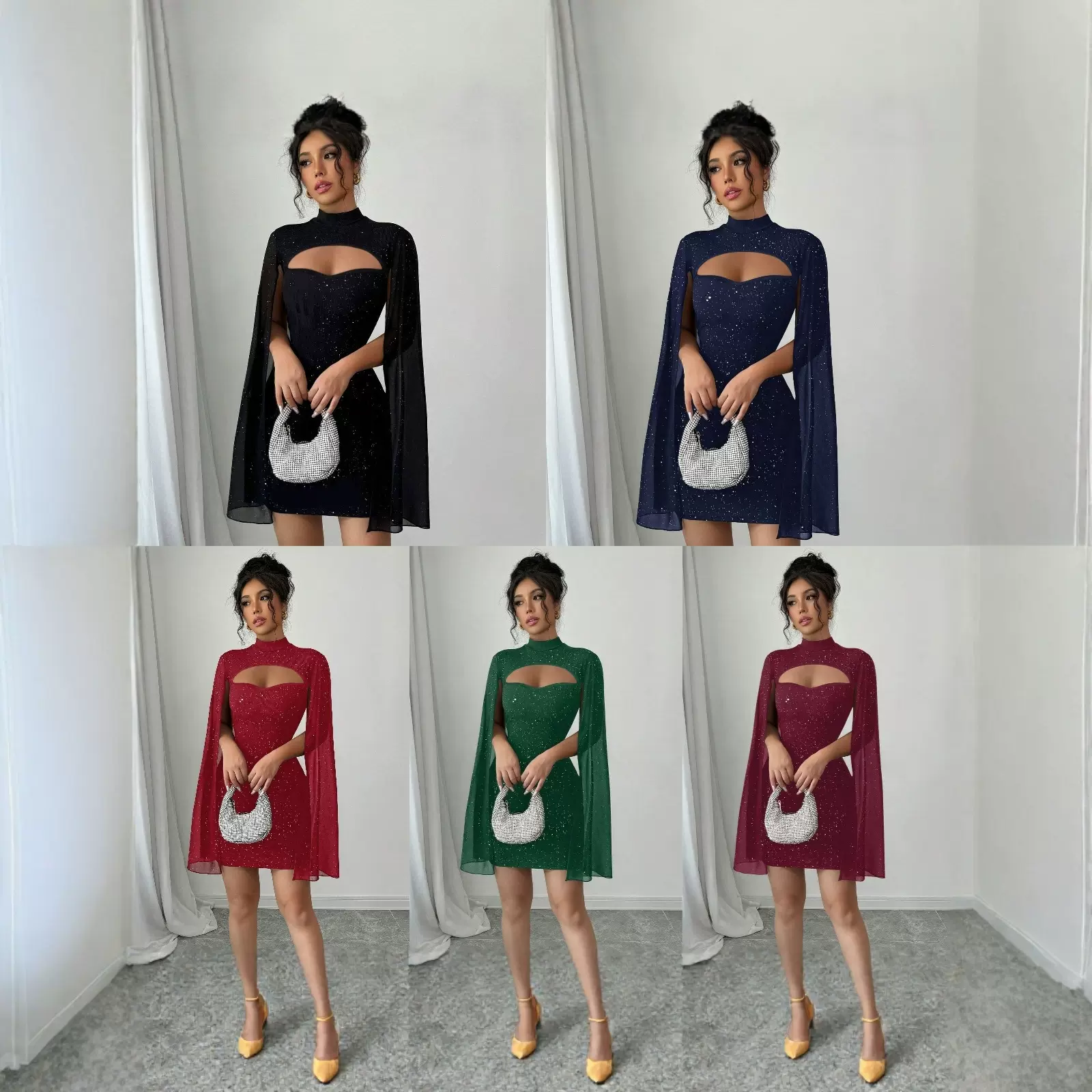 跨境欧美女装亚马逊速卖通圆领坑条珍珠雪纺斗篷包臀连衣裙女