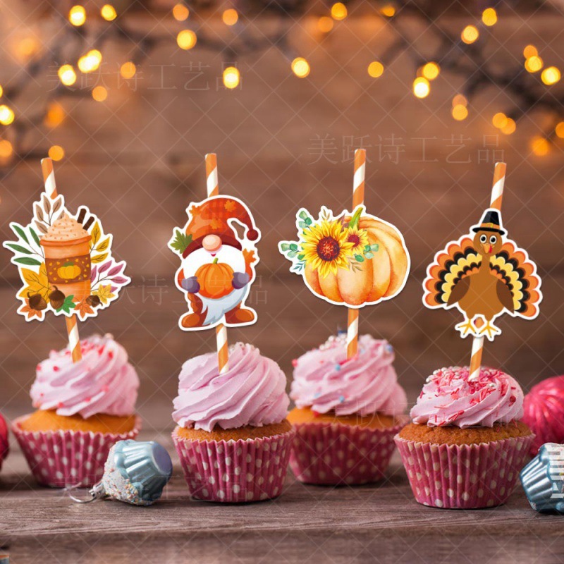 Nuevo estilo transfronterizo otoño fiesta de Acción de Gracias decoración pajita tarjeta de inserción festival de la cosecha enano pavo calabaza plug-in