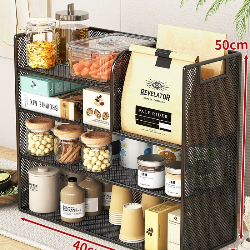 Desktop Storage Rack, Multi-Layer Mesh Frame with Oak/Teak Shelves, 2–5 Tier Options