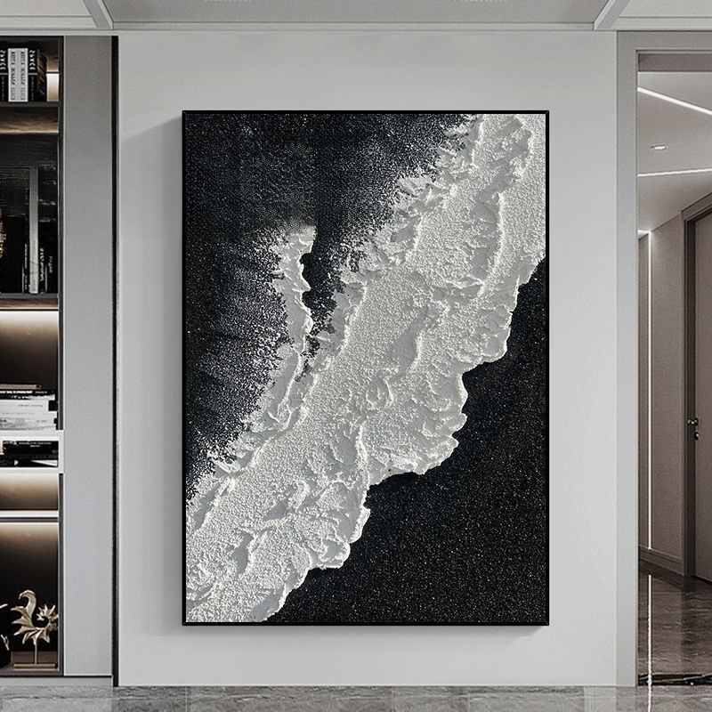 Large Black and White Abstract Living Room Floor Painting, Foyer Faux Texture Decorative Painting, Simple Three-Dimensional Ocean Waves Beach Hanging