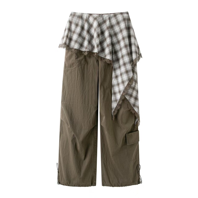In stock, 2026 autumn new designer style lace-trimmed plaid cargo casual pants for women RK71301492