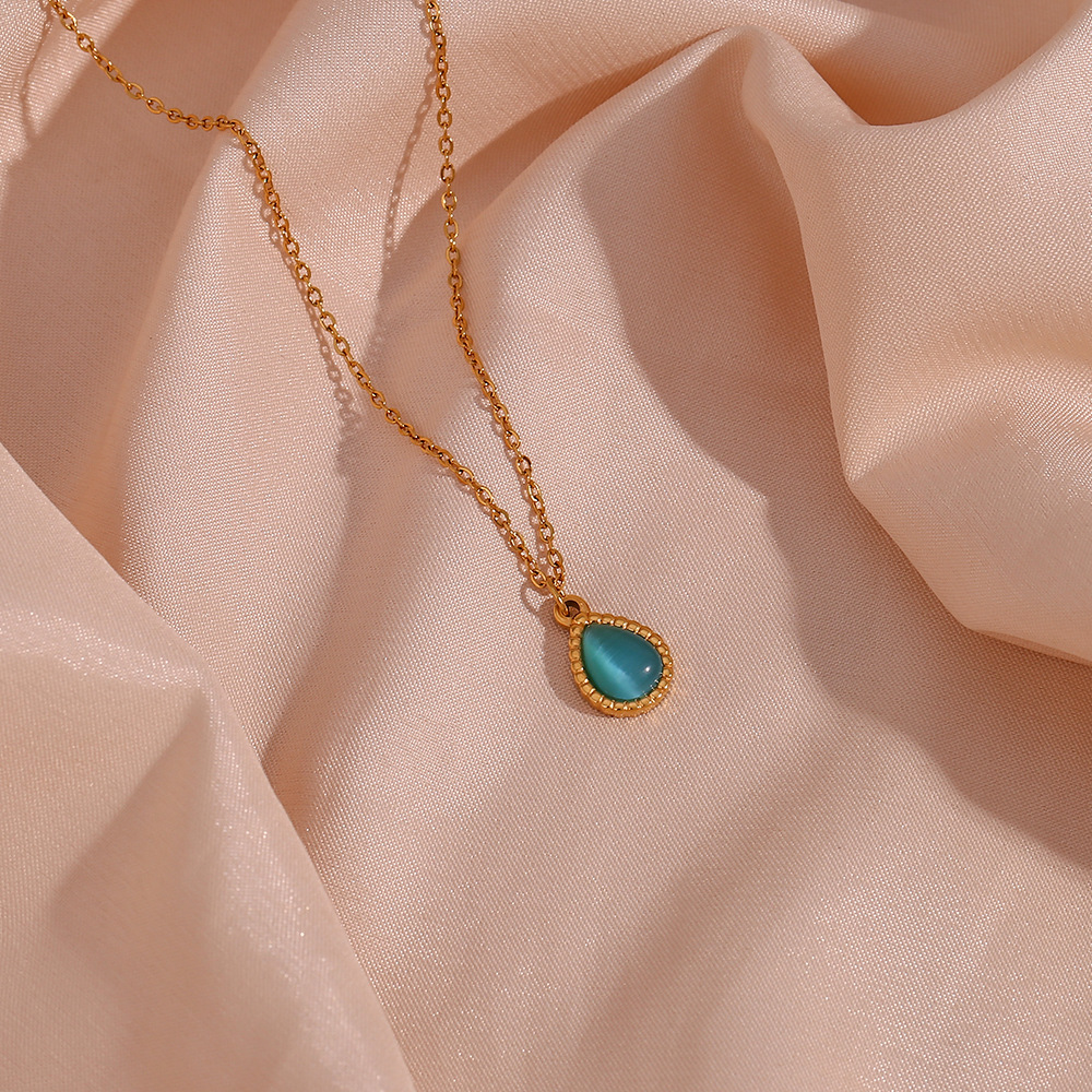 Fashion Water Droplets Stainless Steel Inlay Opal Pendant Necklace 1 Piece