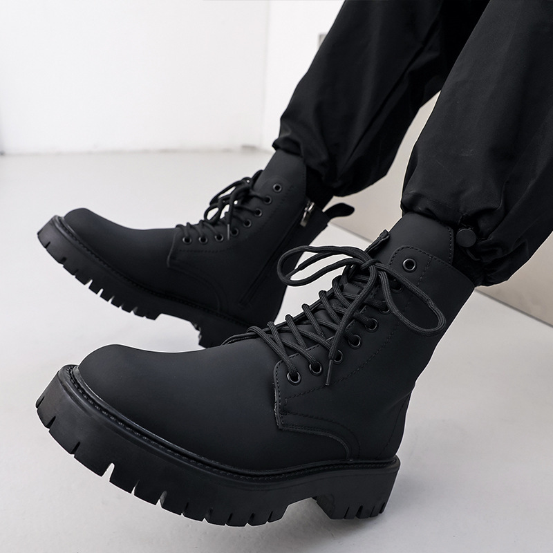 Winter Side Zipper Boots Men's High-Top British Style Black Workwear Motorcycle Boots Heightening Leather Shoes Short Boots 3301
