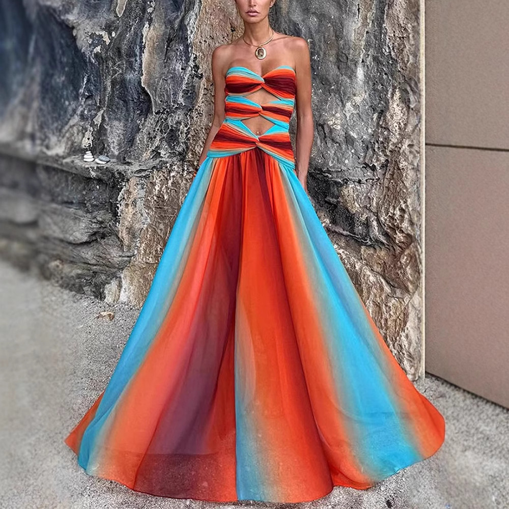 Elegant Strapless Long Dress Spring Summer 2025 Hollow out Backless Color Block Foreign Trade New Style_ecoleips.com