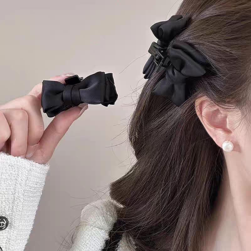 Pair - black double layer bow hair claw clips
