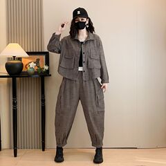 时尚休闲2025秋季新款大码条纹套装外套翻领宽松哈伦两件套上衣