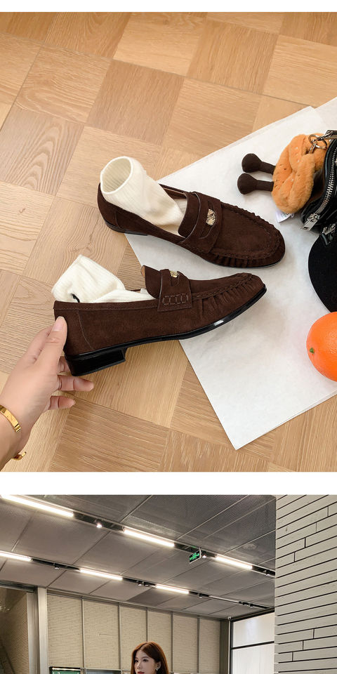 Giày lười nữ da bò nhăn nhúm phong cách retro, gót thô 6–8 cm, mũi tròn xỏ chân — Màu kaki, Màu nâu cà phê chi tiết 17