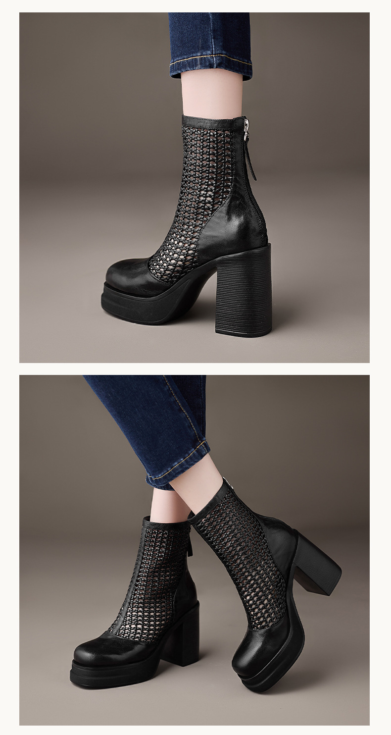 Boot lưới nữ da thật cổ thấp gót vuông 9 cm đi hè — màu đen, màu trắng ngà chi tiết 8