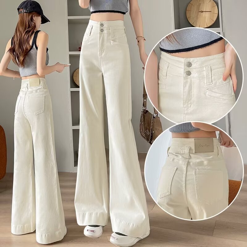 Spring and Autumn New creamy-white Micro-Lare Jeans Women's Trendy All-match Dipped Straight Pants Loose Slim-fit Mop Pants