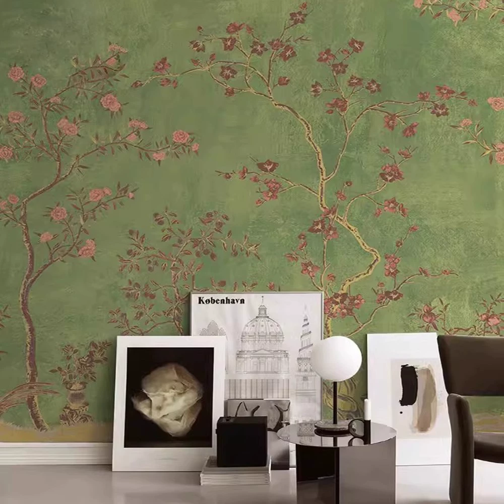 Wall mural wallpaper, green Chinese‑style flowers and birds, seamless TV background, multiple materials