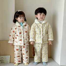 夹棉加厚儿童睡衣冬款男女童三层加棉加绒家居服宝宝卡通保暖睡衣