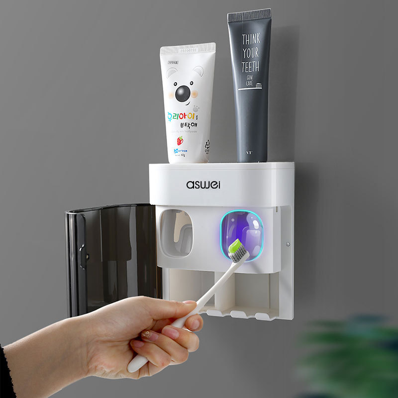 Double Squeeze Fully Automatic Dispenser Wall-Mounted Lazy Child Toothpaste Squeezer Manual No-Drill Storage Rack_voghion.com