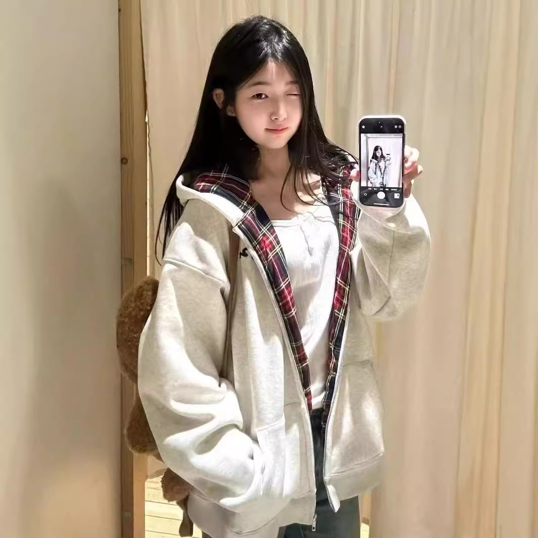 美式简约字母印花格子拼接设计连帽卫衣女初秋韩版加绒开衫外套潮