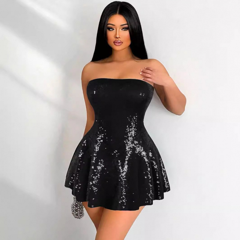 European and American New Style Tube Top Sequin Slim Skirt Waist Slimming Short Dress Sexy Elegant Prom Dress