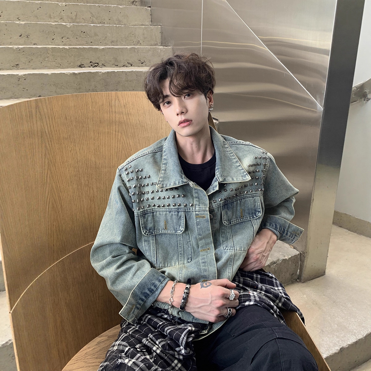 牛仔外套男秋冬季男模穿搭痞帅牛仔衣小众设计感工装夹克