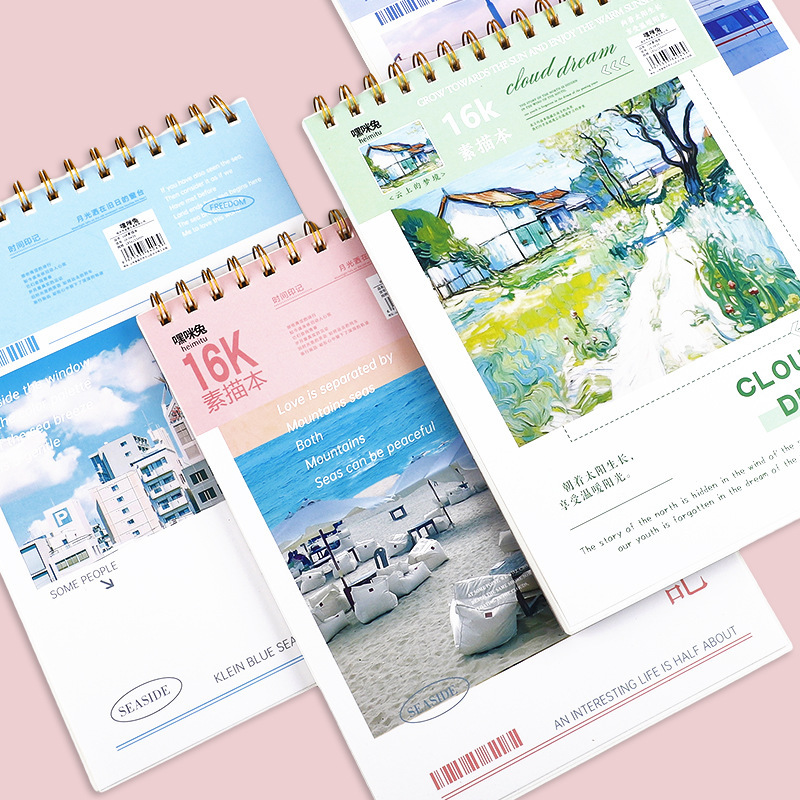 16k空白のコイルのスケッチ本の速写本の学生は手描きで絵を描きます。|undefined