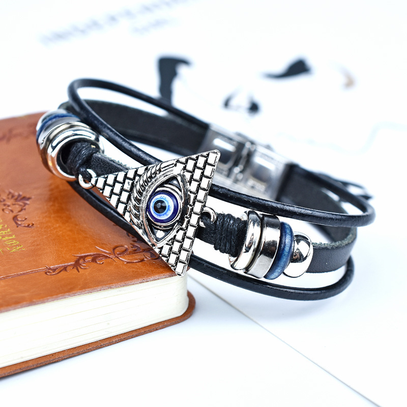 temu Alloy Triangle Devil's Eye Leather Bracelet Turkey Blue Eyes Stainless Steel Vintage Woven Bracelet