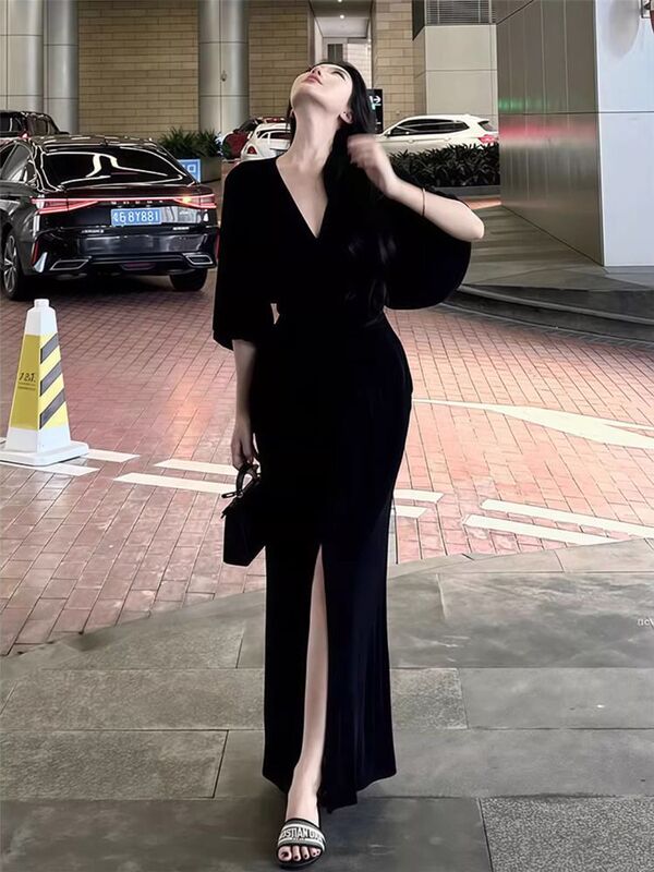 纯欲辣妹V领蓬蓬袖开叉连衣裙女夏季新款修身显瘦高级感包臀长裙|undefined