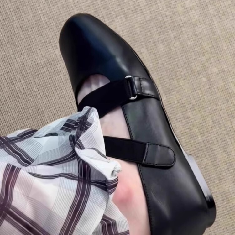 羊皮版~韩版小香风黑色平底芭蕾舞鞋女2025新款交叉带一脚蹬单鞋|undefined