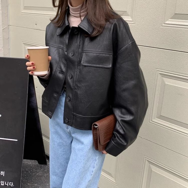 Black Leather Jacket for Women, Spring and Autumn Korean Version, New Petite High-End Short Loose Long-Sleeve Biker Jacket