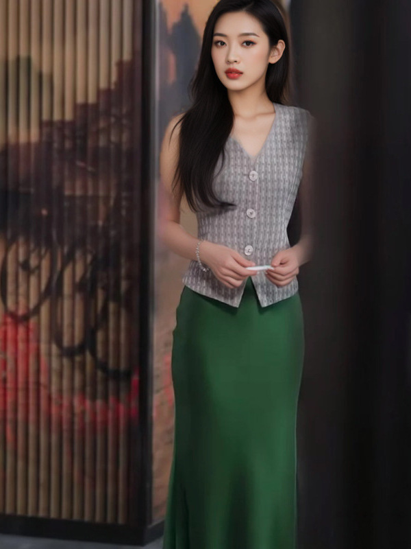 现货短剧韩雨彤许南音同款格子无袖马甲背心女上衣绿色半身裙套装|undefined
