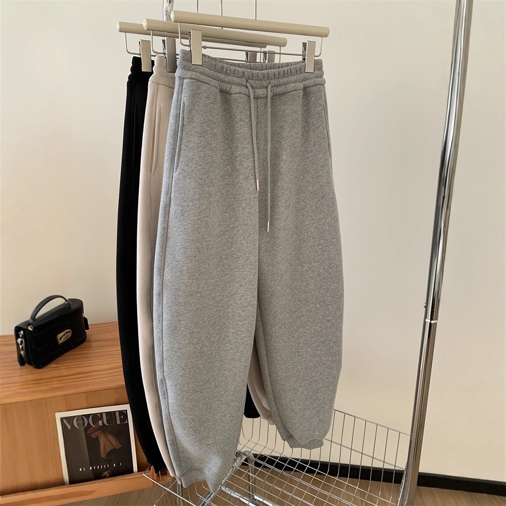 2025 Autumn and Winter New Loose Casual Gray Sweatpants for Women with Fleece, Straight-Leg Fish Mouth Scimitar Jogger Pants