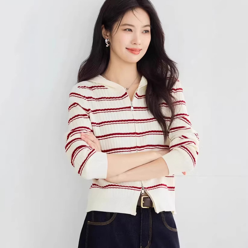 2026 Spring New Versatile Casual Striped Hooded Zipper Knitted Cardigan for Women 1H1930151