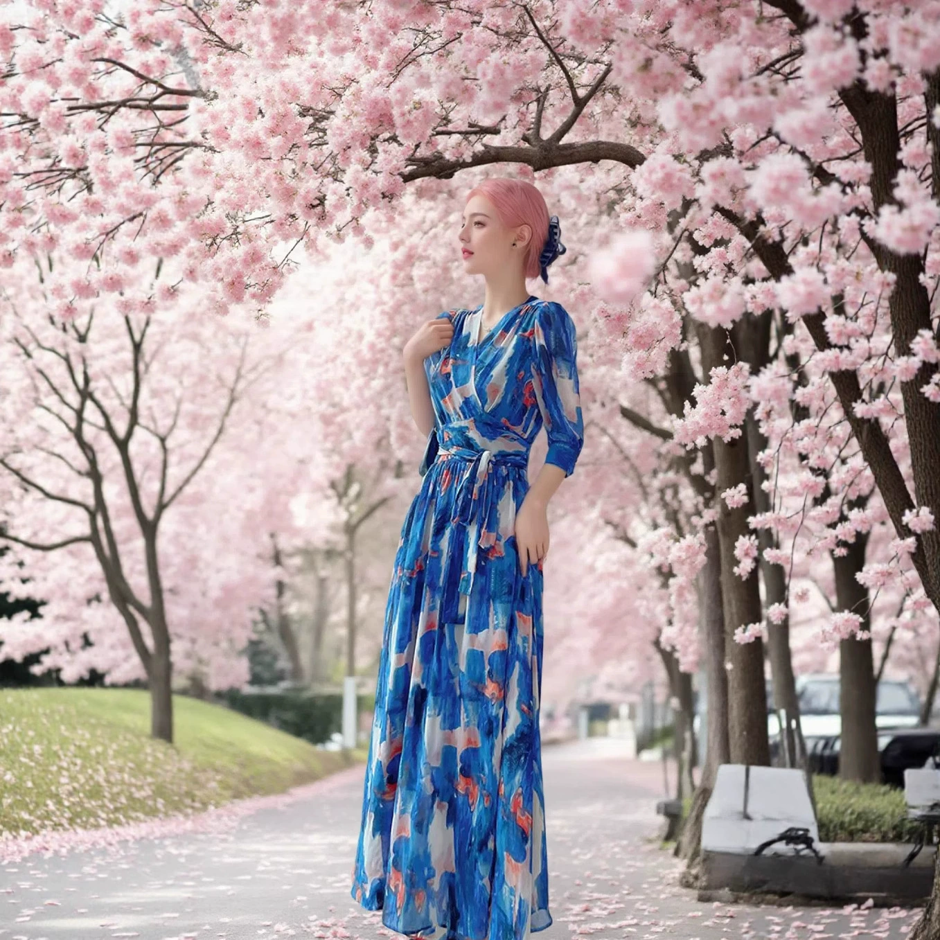 Эксклюзивное для экспорта платье в элегантном стиле 2025 года, с V-образным вырезом, абстрактным принтом, завышенной талией, утягивающее, омолаживающее, длинная элегантная юбка.