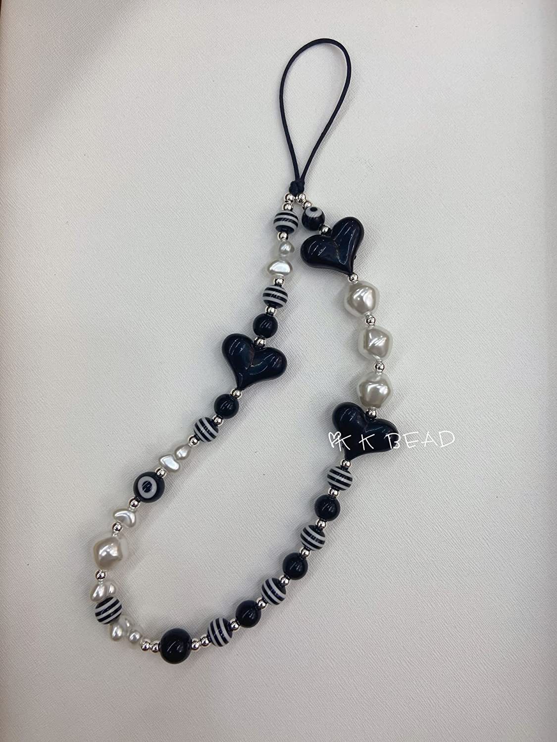 Elegante negro encantador teléfono móvil cadena correa de muñeca pulsera teléfono móvil colgante bolsa colgante perlas colgante melocotón corazón joyería