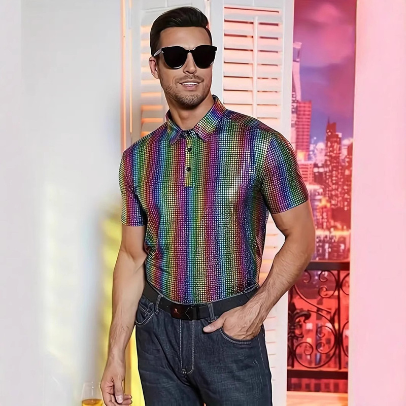 Cross Border Men's 70 s Disco Shirt Shiny Sequins Short Sleeve Party Polo Shirt Fashionable Nightclub Cross Border Men's 70 s Disco Shirt Shiny Sequins Short Sleeve Party Polo Shirt Fashionable Nightclub