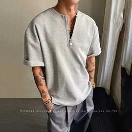 华夫格半拉链t恤男短袖夏季潮流痞帅男装夏款美式亨利衫半袖体恤