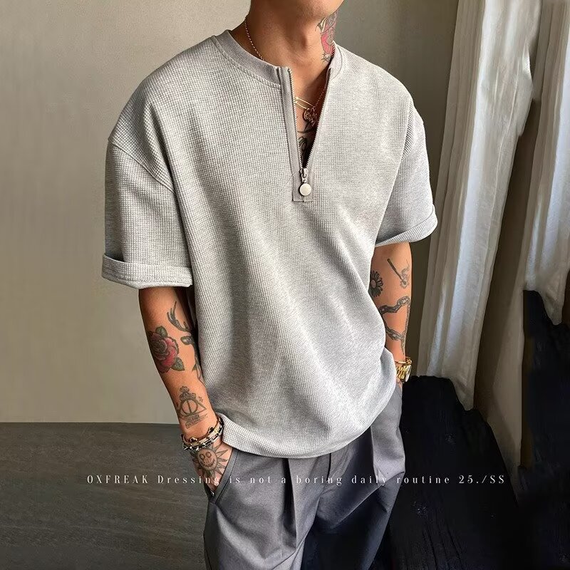 Waffle Half-Zip T-Shirt Men's Short-Sleeved Summer Trend Handsome Men's Summer American Henley Shirt Half-Sleeved T-Shirt