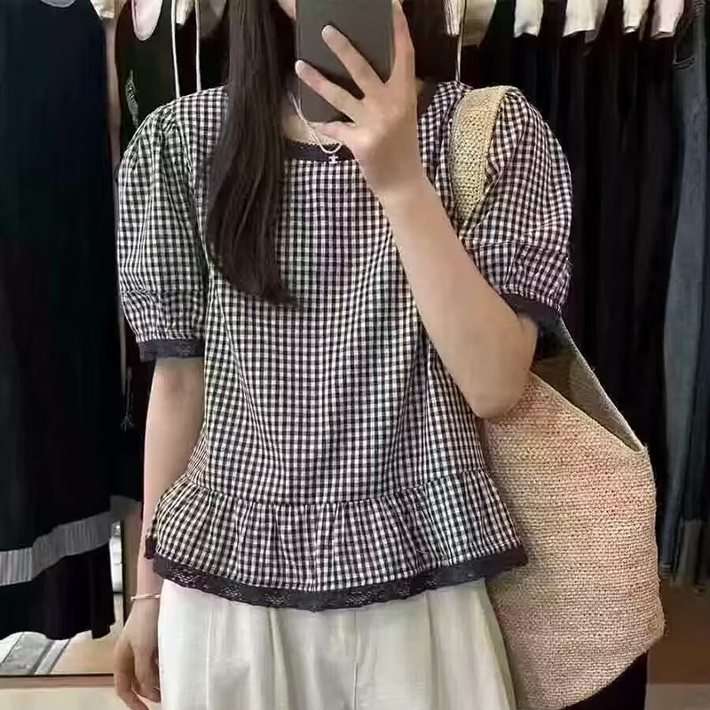 Korean Fashion Lace Plaid Short-sleeved Shirt Women's 2025 Summer New All-match Slim-fit Small Top