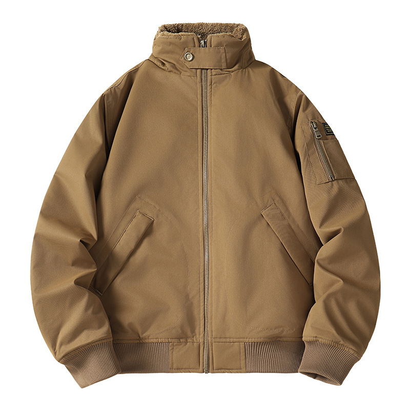 Cross-border European size winter fleece-lined bomber jacket for men, loose fit, stand-up collar, thick and warm, American-style workwear jacket for men