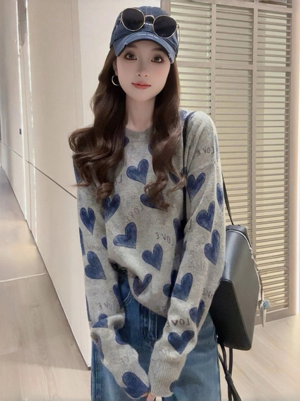 韩系氛围感宽松爱心字母针织衫上衣女早秋慵懒风时尚减龄套头毛衣|undefined