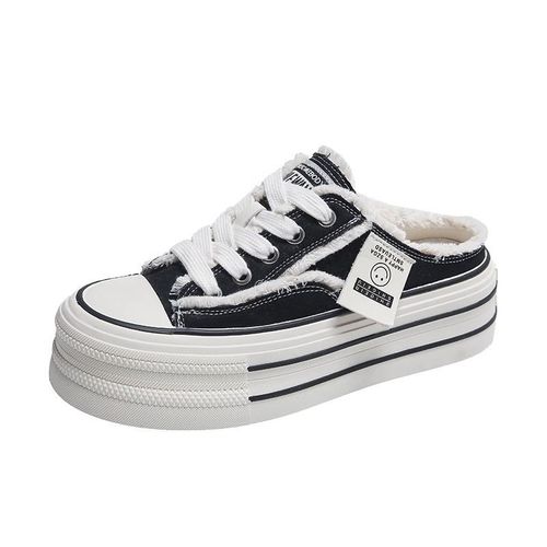 Women's Summer Outwear 2025 New Lace-Up Slides with Canvas Top, Half Slipper Style, No Back, Thick Sole, White Fabric Slippers