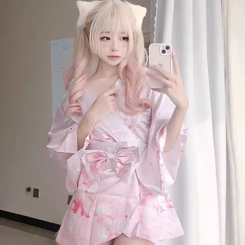 Japanese Kimono Roleplay Lingerie Set, Deep V Cardigan with Butterfly Sash, Pink Polyester — detail image 3