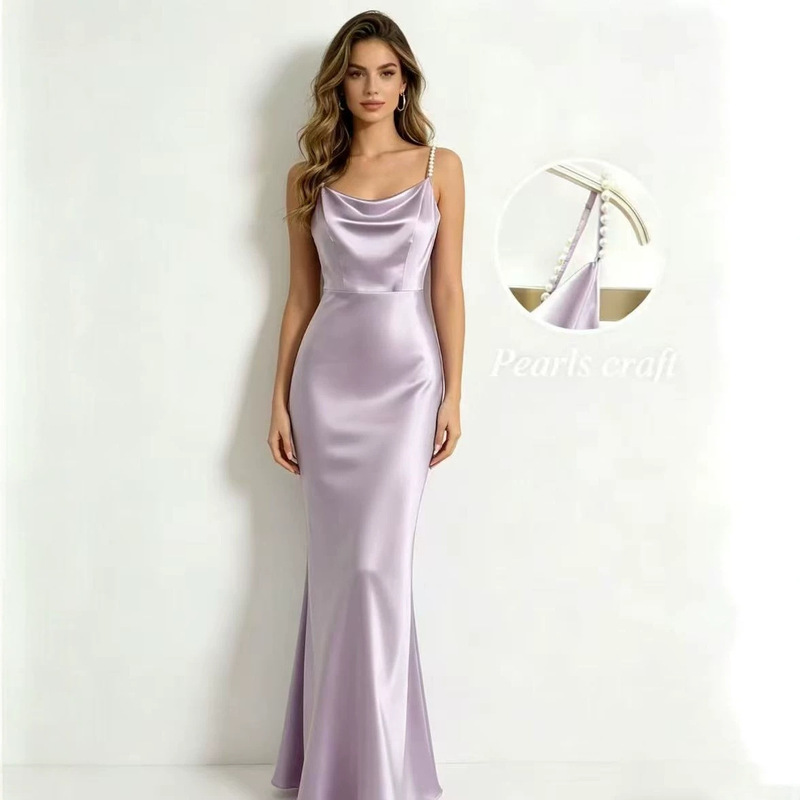 2026 Amazon Cross-Border New Style Pearl Shoulder Strap Satin Draped Collar Fishtail Long Dress French Light Luxury Slim-Fit Evening Gown