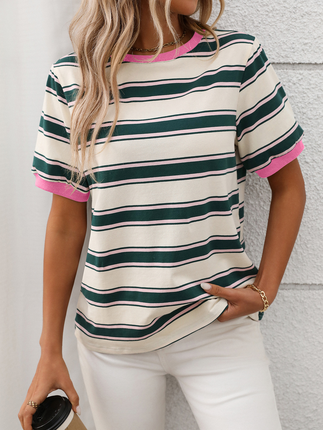 Summer round Neck Loose Top Striped Contrast Color Short Sleeve T shirt