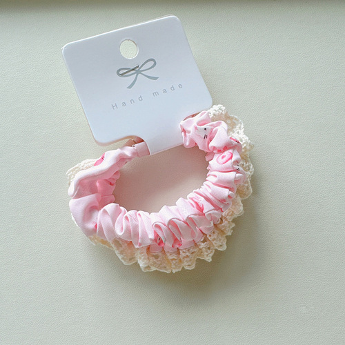 2-Pack Lace Edge Cartoon Cat Print Small Intestine Hair Tie Cute Sweet Ponytail Rubber Band Hairband for Girls