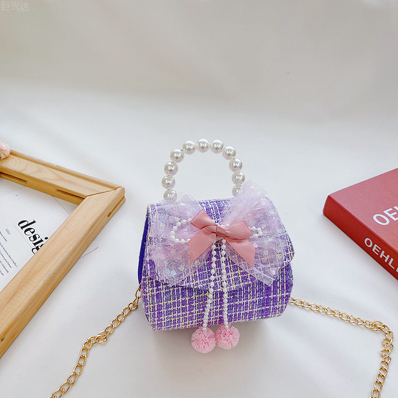 Bolsa de moda para niños 2021 otoño e invierno nuevo algodón y lino de lana estilo Chanel arco perla bolsa de mensajero portátil para niñas