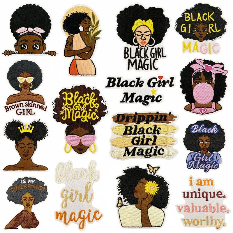 ファッショナブルな黒人少女魔法の布ステッカー刺繍漫画パッチアクセサリーパッチ在庫ありコンピュータ刺繍ホットメルト接着剤|undefined